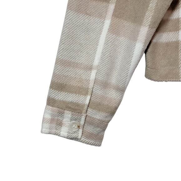 Francesca's Lydia Cropped Plaid Shacket Tan Cream Fall Winter Layering Jacket L - Picture 11 of 15